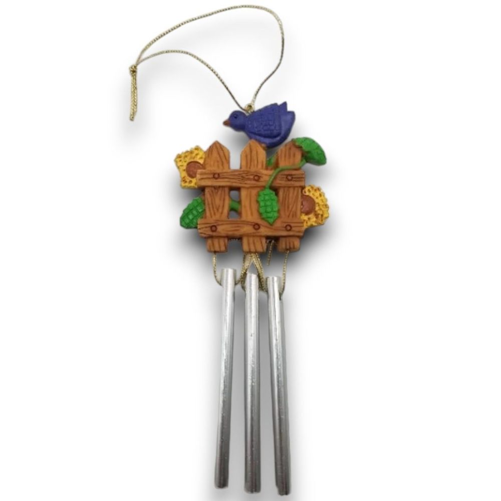 Wind Chimes Ceramic Blue Bird Brown Picket Fence Aluminum Rods Melody Home Decor